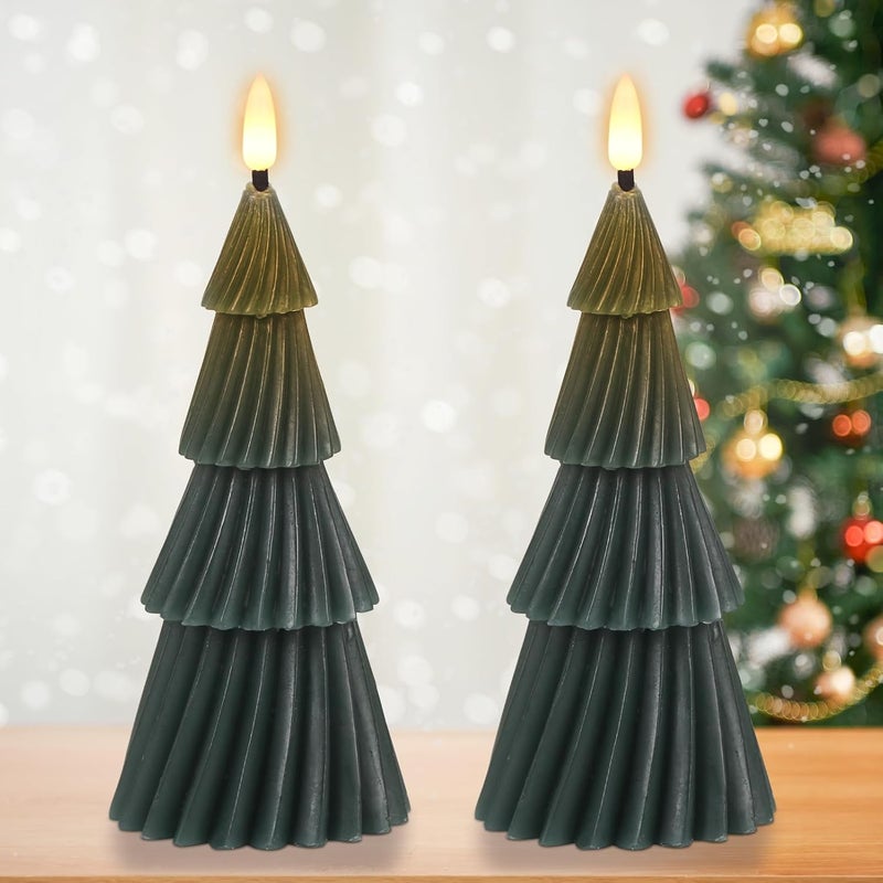 DRomance Christmas Tree Flameless Candles with 6 Hour Timer, Battery Operated LED Flickering Candle Lights Real Wax Vertical Stripe 3D Wick X-mas Dinner Tabletop Holiday Indoor Decoration(3"D x 7.1"H) - Image 1